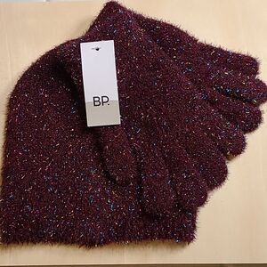 BP Hat and Gloves Knit Set in Fuzzy Burgandy Multi color sequins